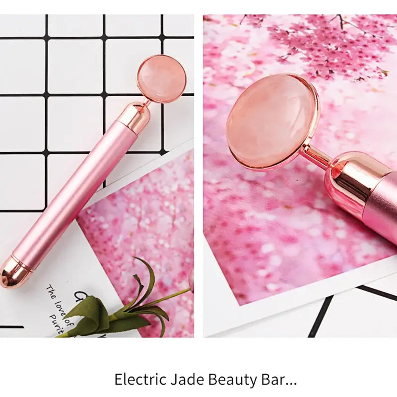 Electric Vibrating Rose Quartz Facial Roller | Skin Care Massager Tool