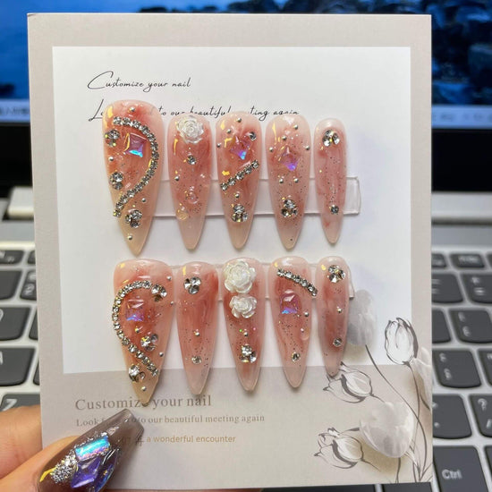 Handmade Camellia Full Diamond Almond Nail | Almond Phototherapy Wear