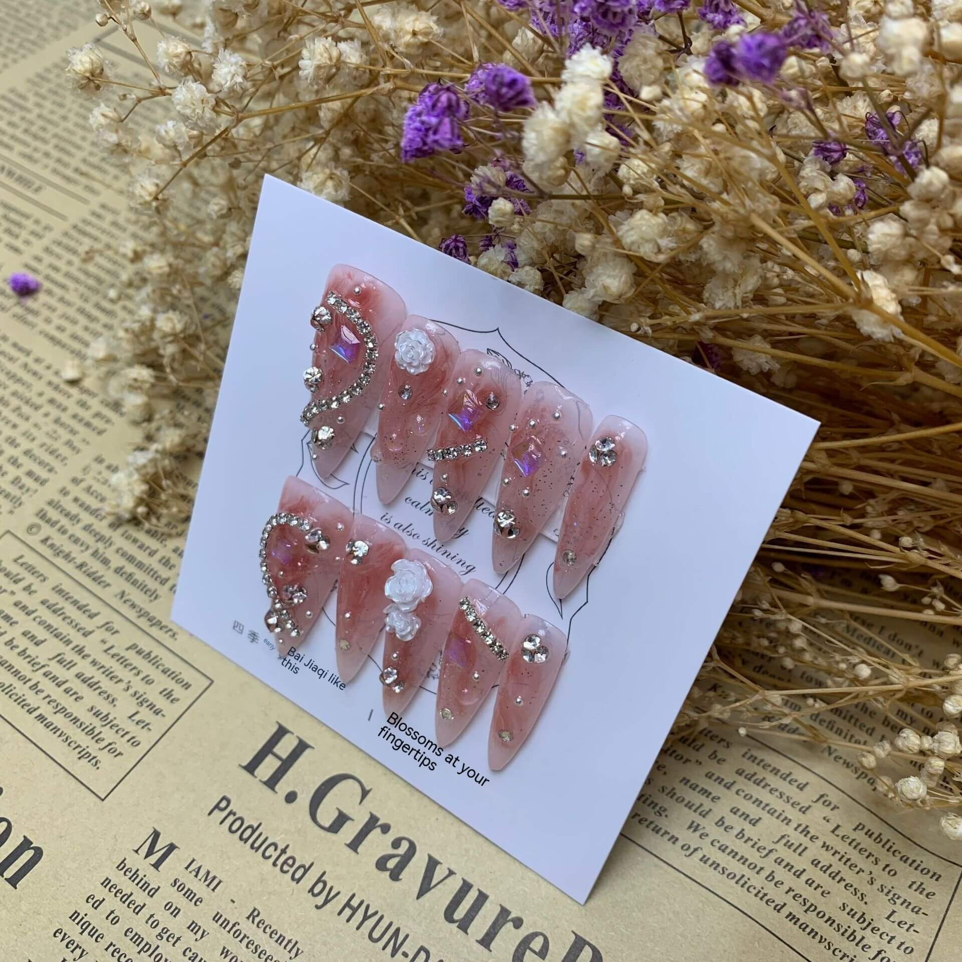 Handmade Camellia Full Diamond Almond Nail | Almond Phototherapy Wear