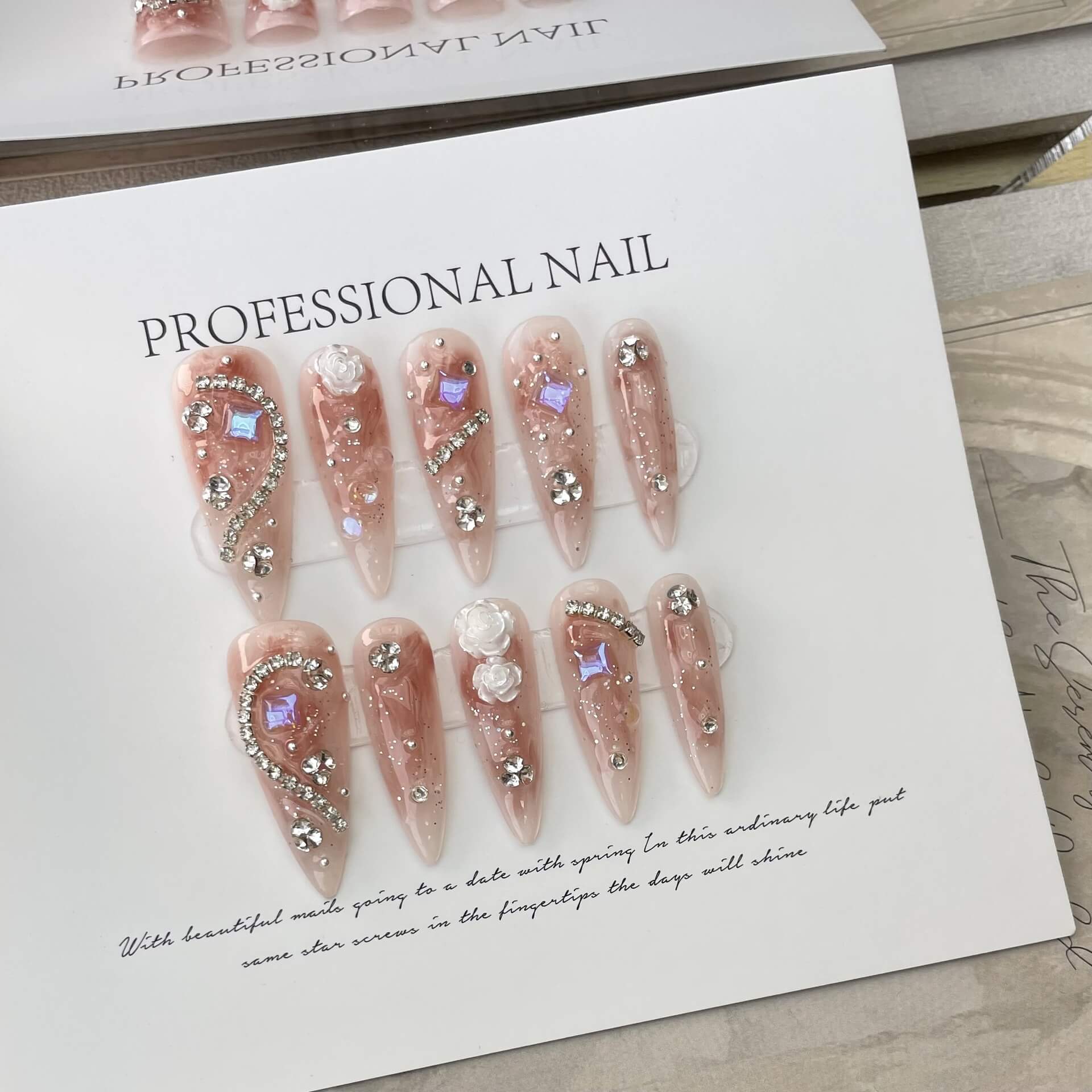 Handmade Camellia Full Diamond Almond Nail | Almond Phototherapy Wear