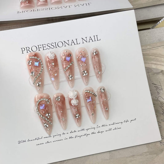 Handmade Camellia Full Diamond Almond Nail | Almond Phototherapy Wear