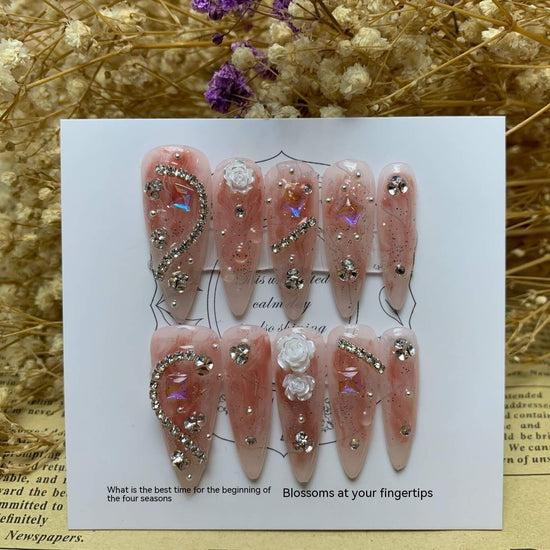 Handmade Camellia Full Diamond Almond Nail | Almond Phototherapy Wear