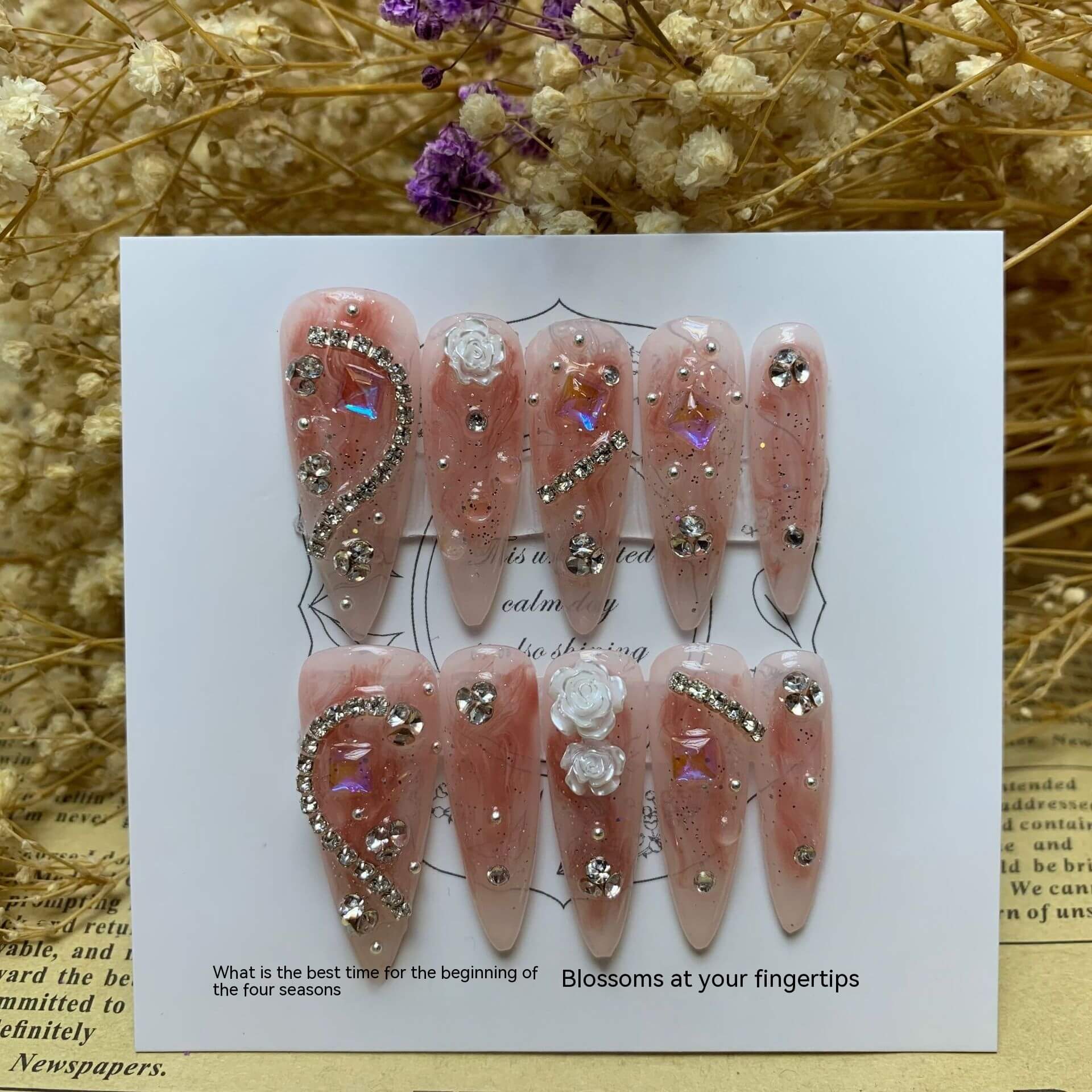 Handmade Camellia Full Diamond Almond Nail | Almond Phototherapy Wear