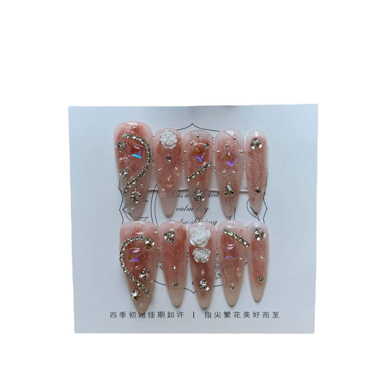 Handmade Camellia Full Diamond Almond Nail | Almond Phototherapy Wear