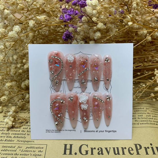 Handmade Camellia Full Diamond Almond Nail | Almond Phototherapy Wear