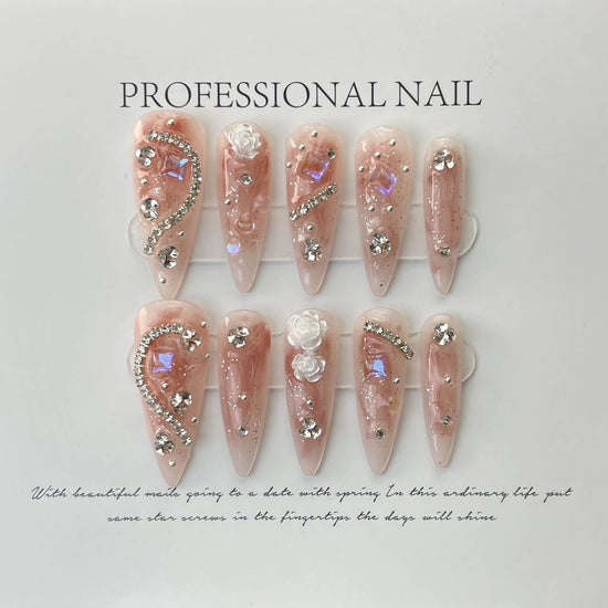 Handmade Camellia Full Diamond Almond Nail | Almond Phototherapy Wear